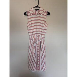 Tommy Hilfiger XS Sleeveless White & Red Striped Shirt Dress With Belt and Pocke